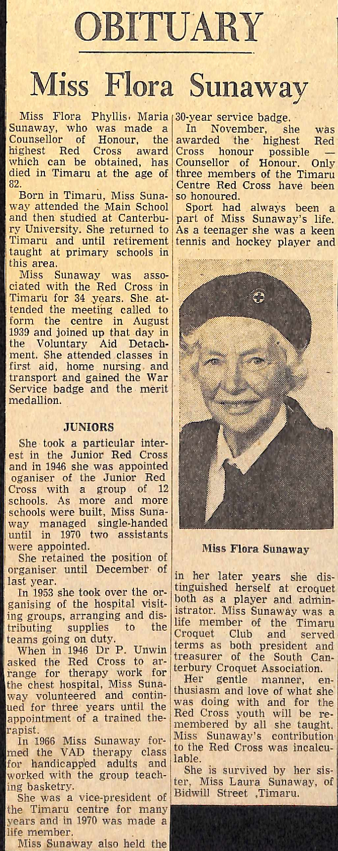 Obituary: Miss Flora Sunaway