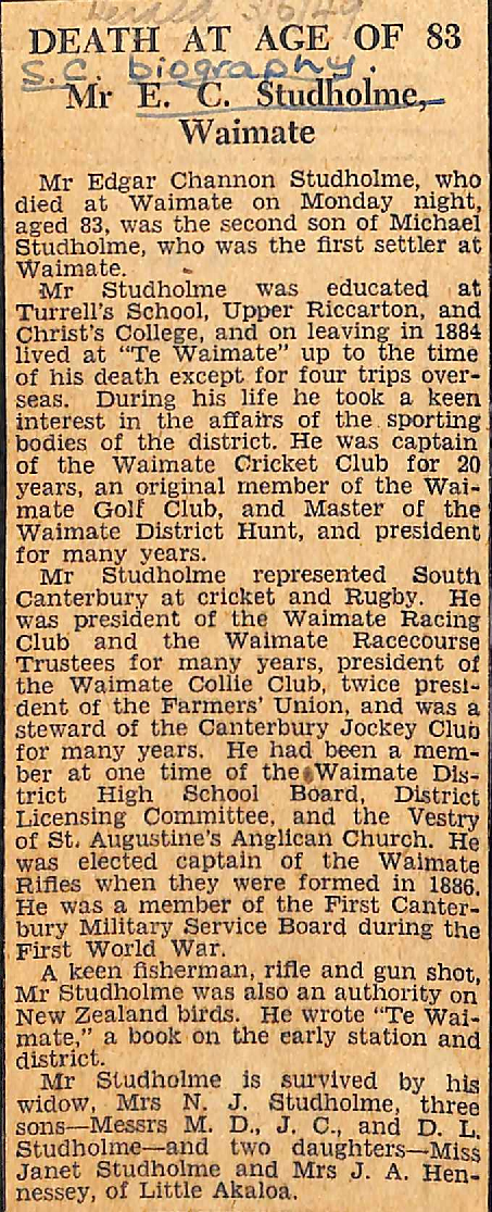 Death At Age of 83: Mr E C Studholme