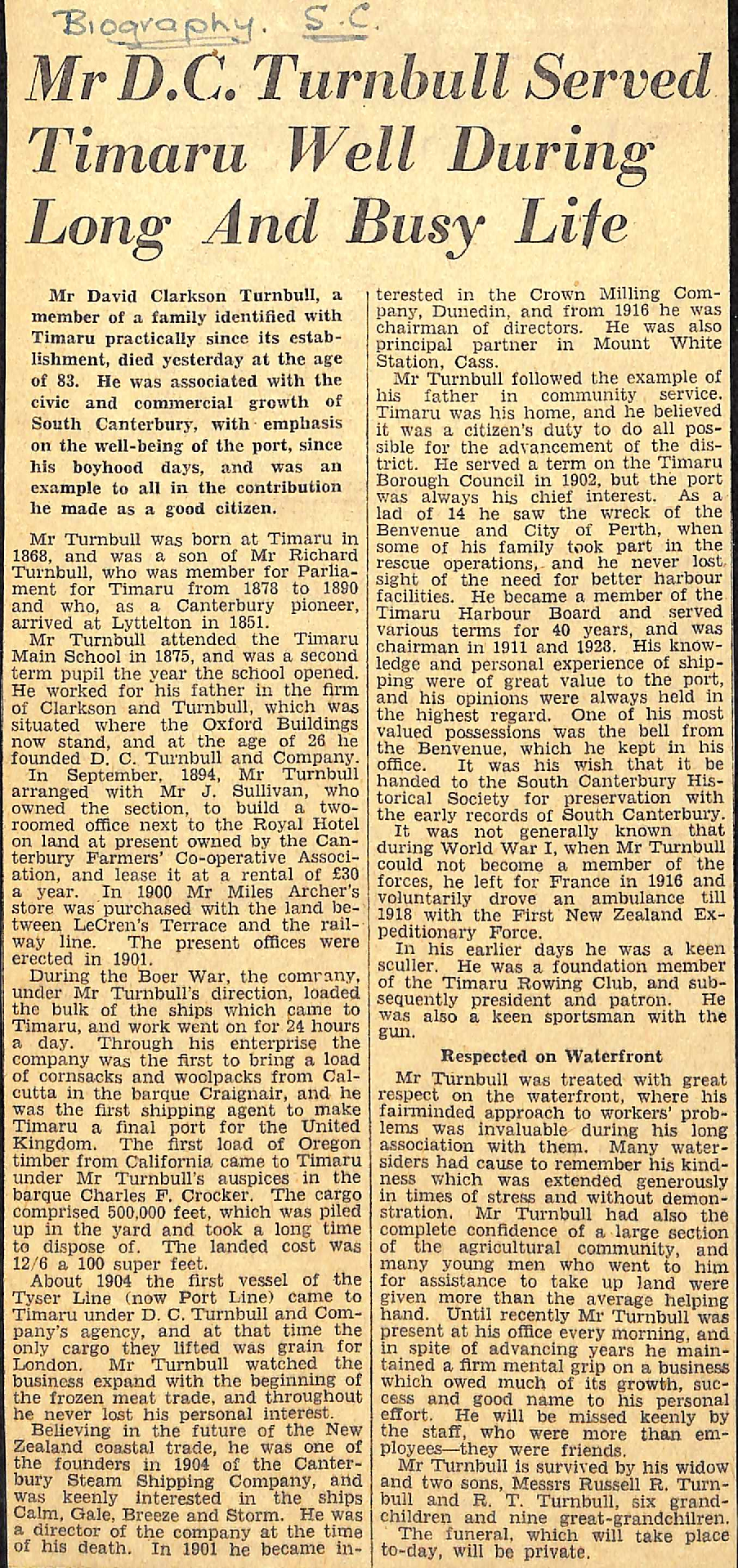 Mr D C Turnbull Served Timaru Well During Long And Busy Life