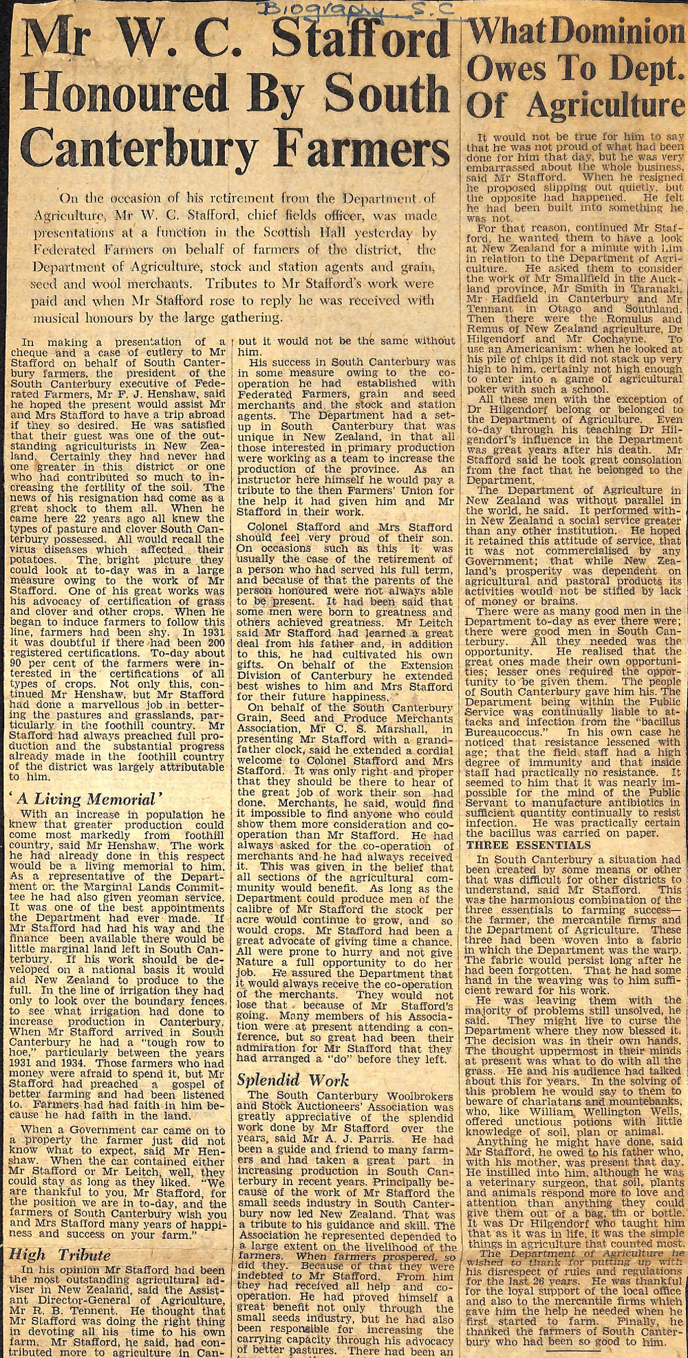 Mr W C Stafford Honoured By South Canterbury Farmers / What Dominion Owes To Dept Of Agriculture