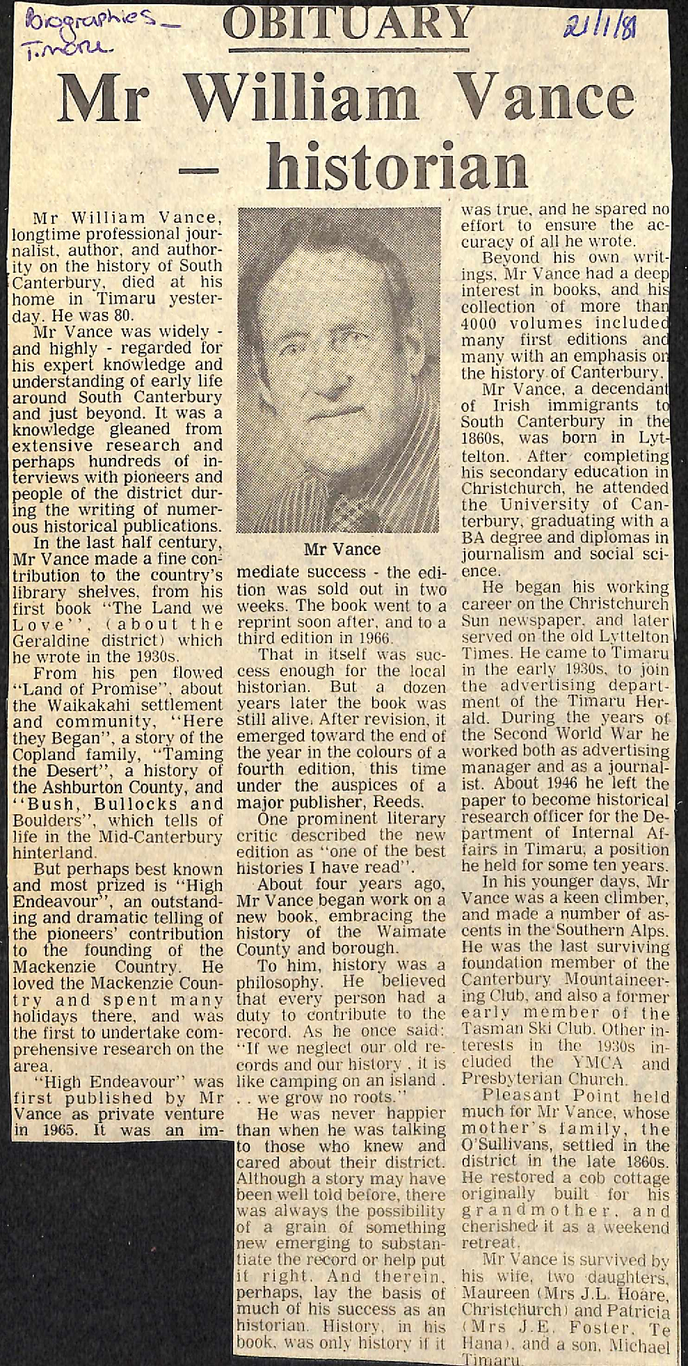 Obituary: Mr William Vance - historian