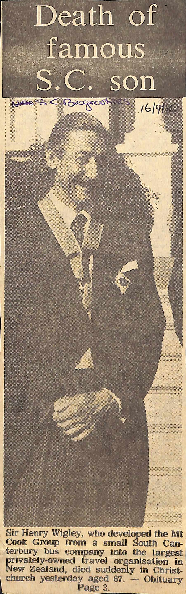 Death of famous SC son: Sir Henry Wigley was 35 years at helm of Mt Cook Group