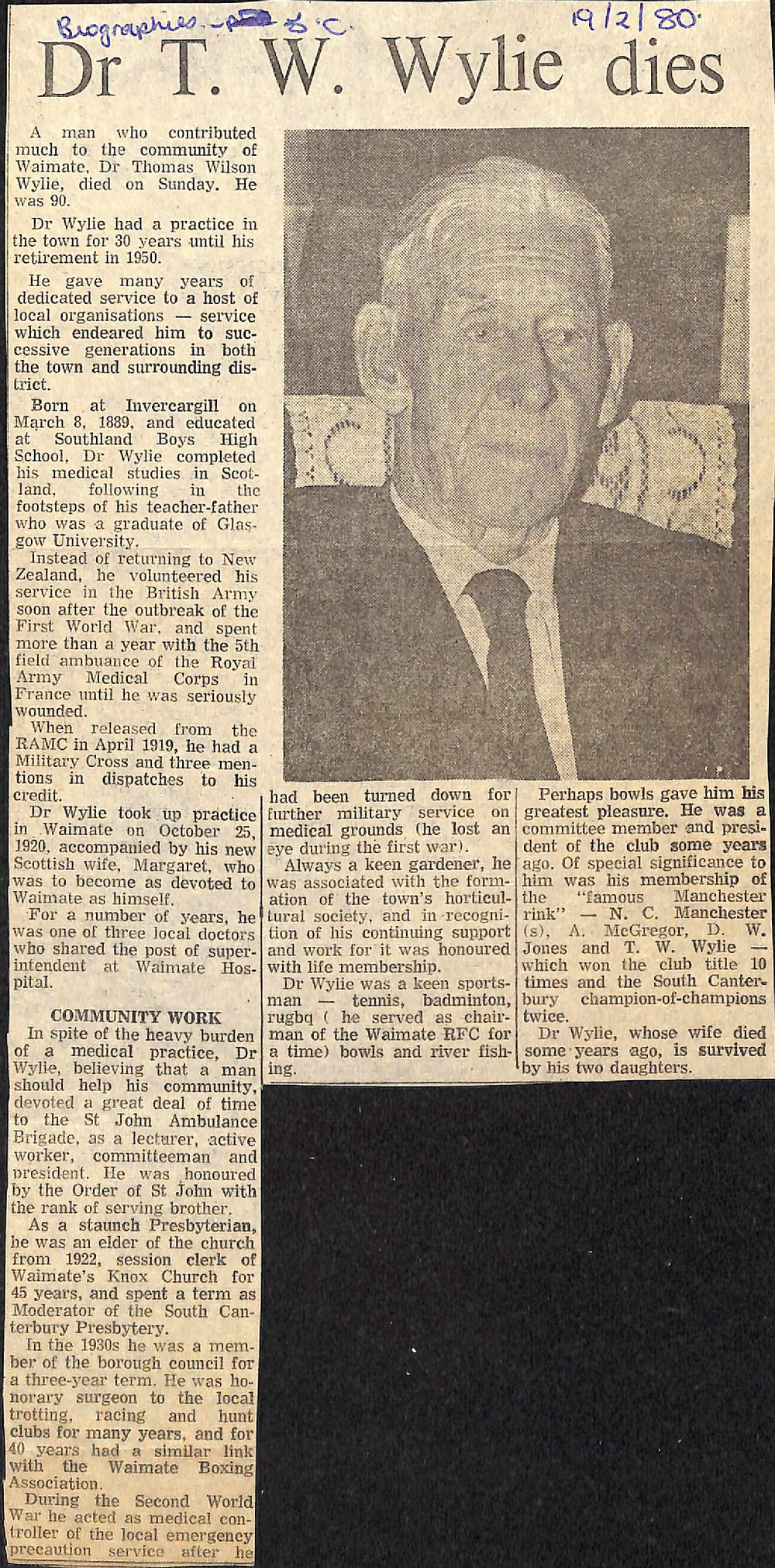 Dr T W Wylie dies