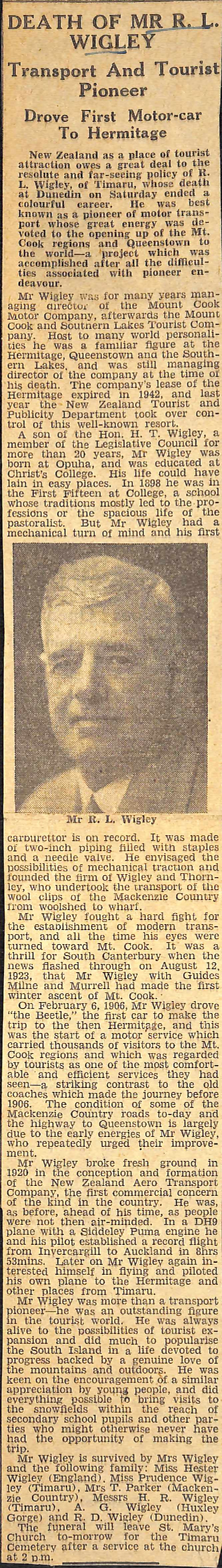 Death of Mr R L Wigley: Transport And Tourist Pioneer, Drove First Motor-car To Hermitage