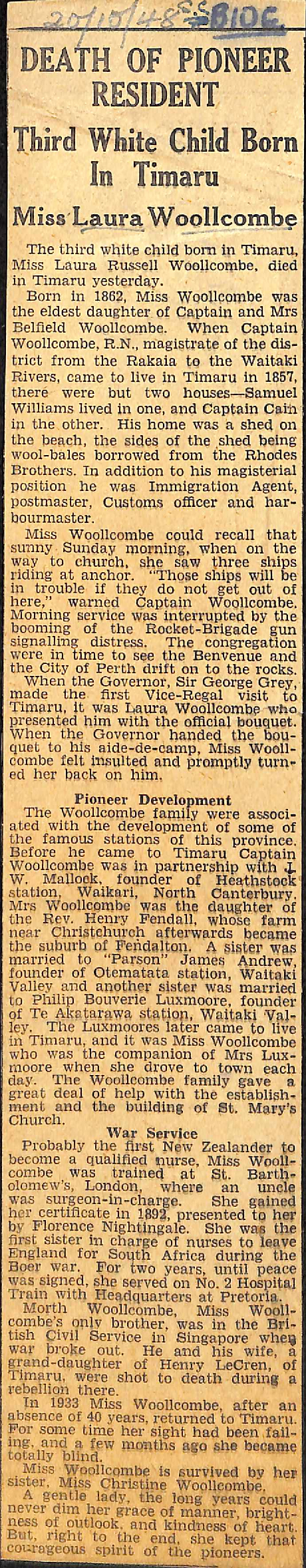 Death of Pioneer Resident: Third White Child Born In Timaru, Miss Laura Woollcombe