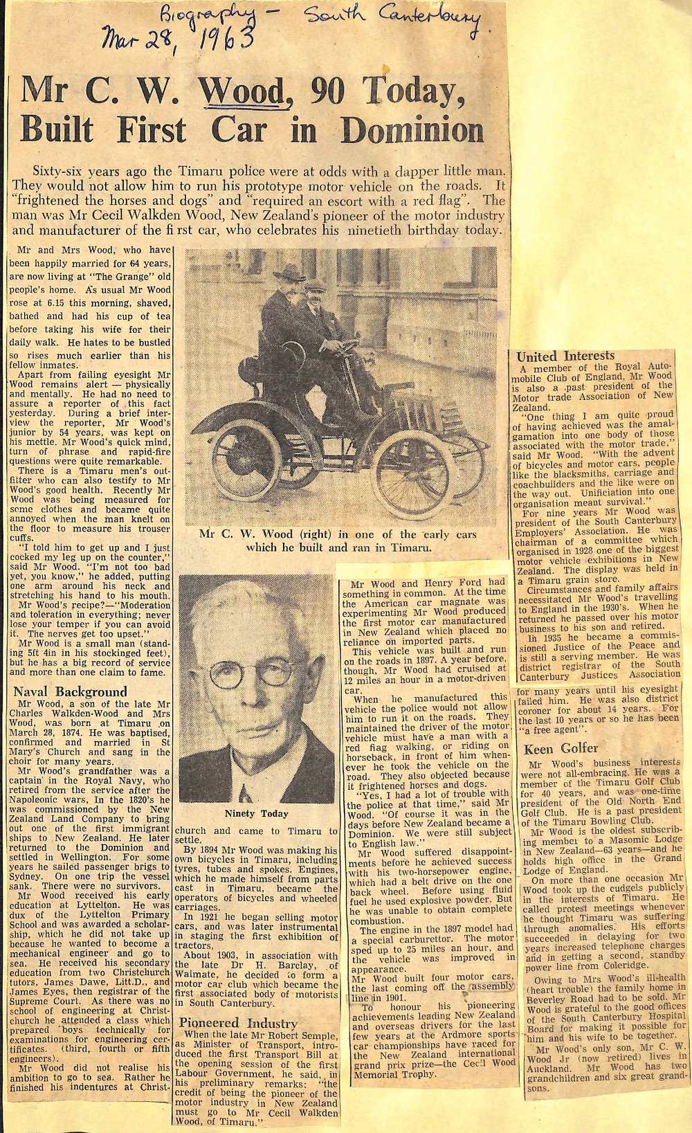 Mr C W Wood, 90 Today, Built First Car in Dominion