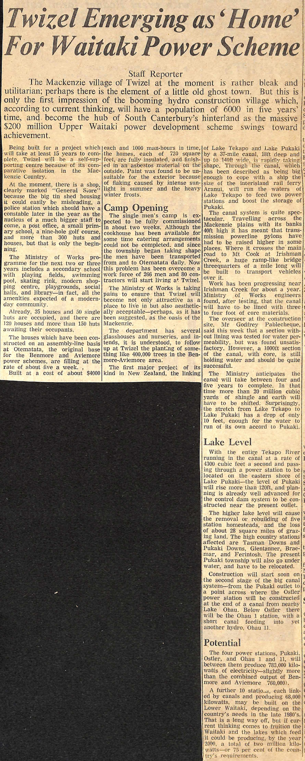 Twizel Emerging as 'Home' For Waitaki Power Scheme