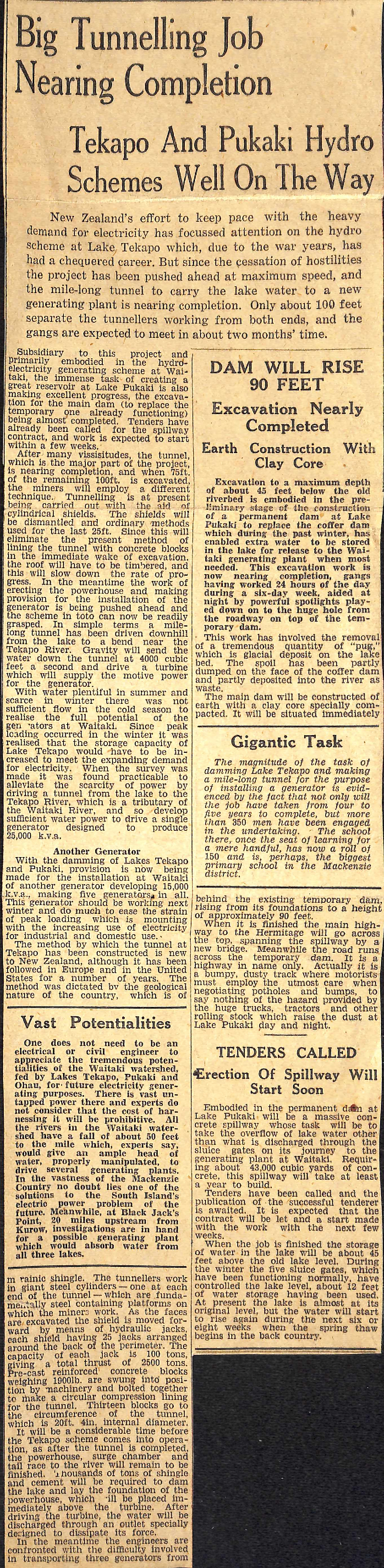 Big Tunnelling Job Nearing Completion, Tekapo And Pukaki Hydro Schemes Well On The Way