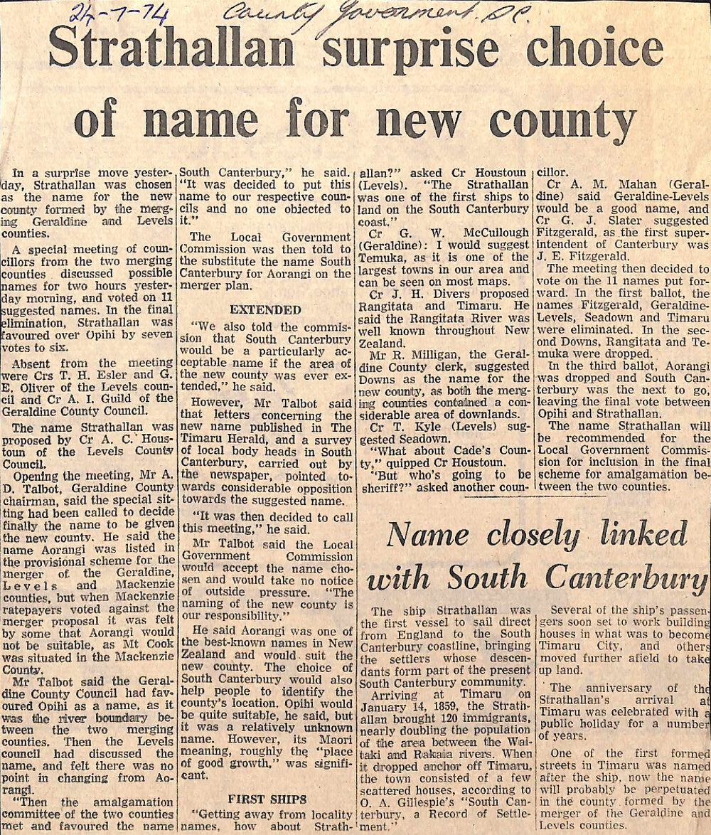 Strathallan surprise choice of name for new county / Name closely linked with South Canterbury