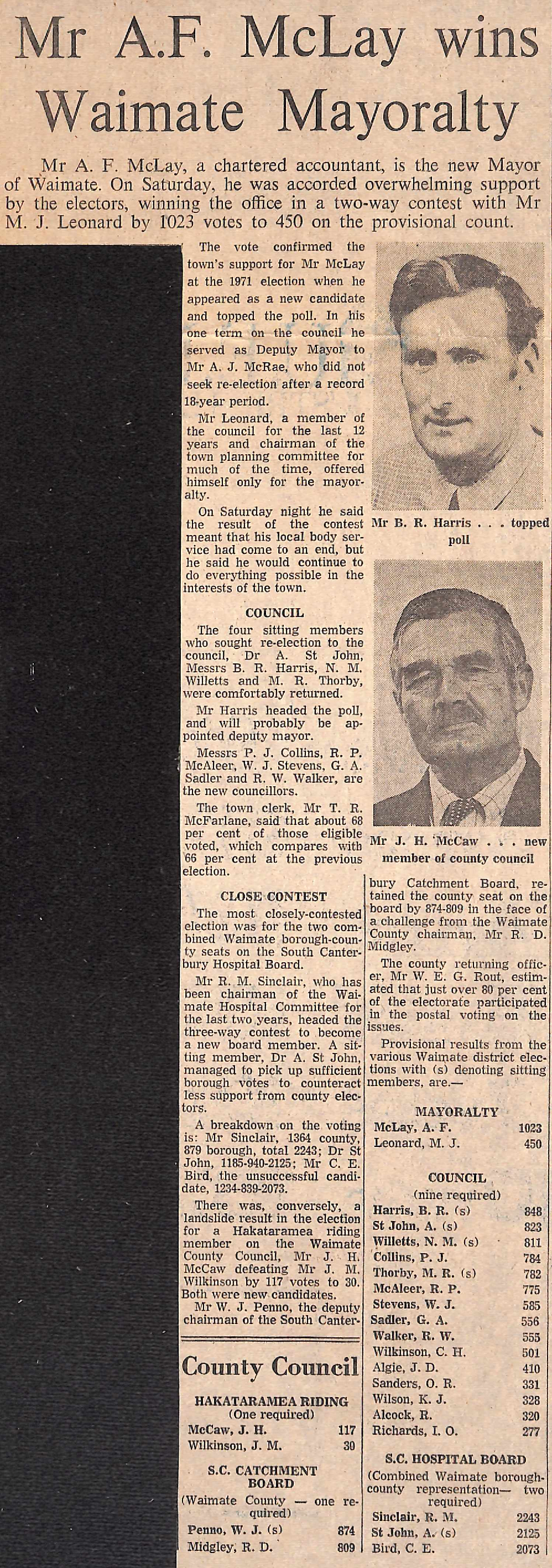 Mr AF McLay wins Waimate mayoralty