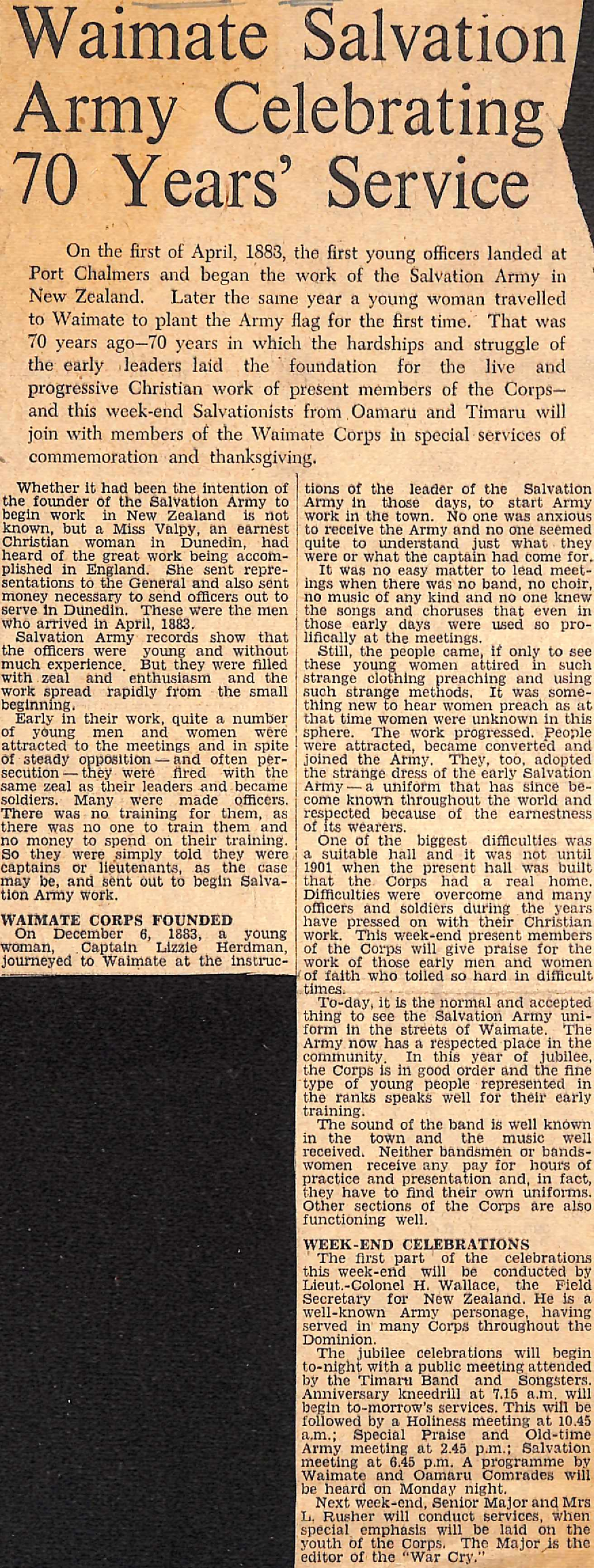 Waimate Salvation Army Celebrating 70 Years' Service