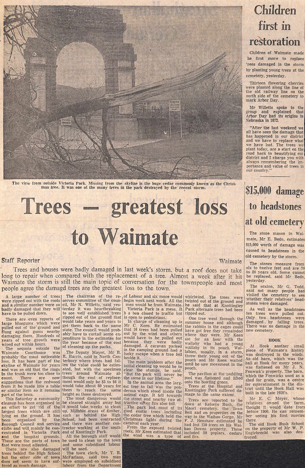 Trees - greatest loss to Waimate / Children first in restoration / $15,000 damage to headstones at old cemetery