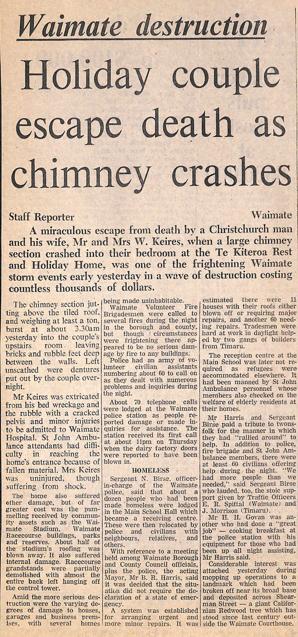 Waimate destruction: Holiday couple escape death as chimney crashes