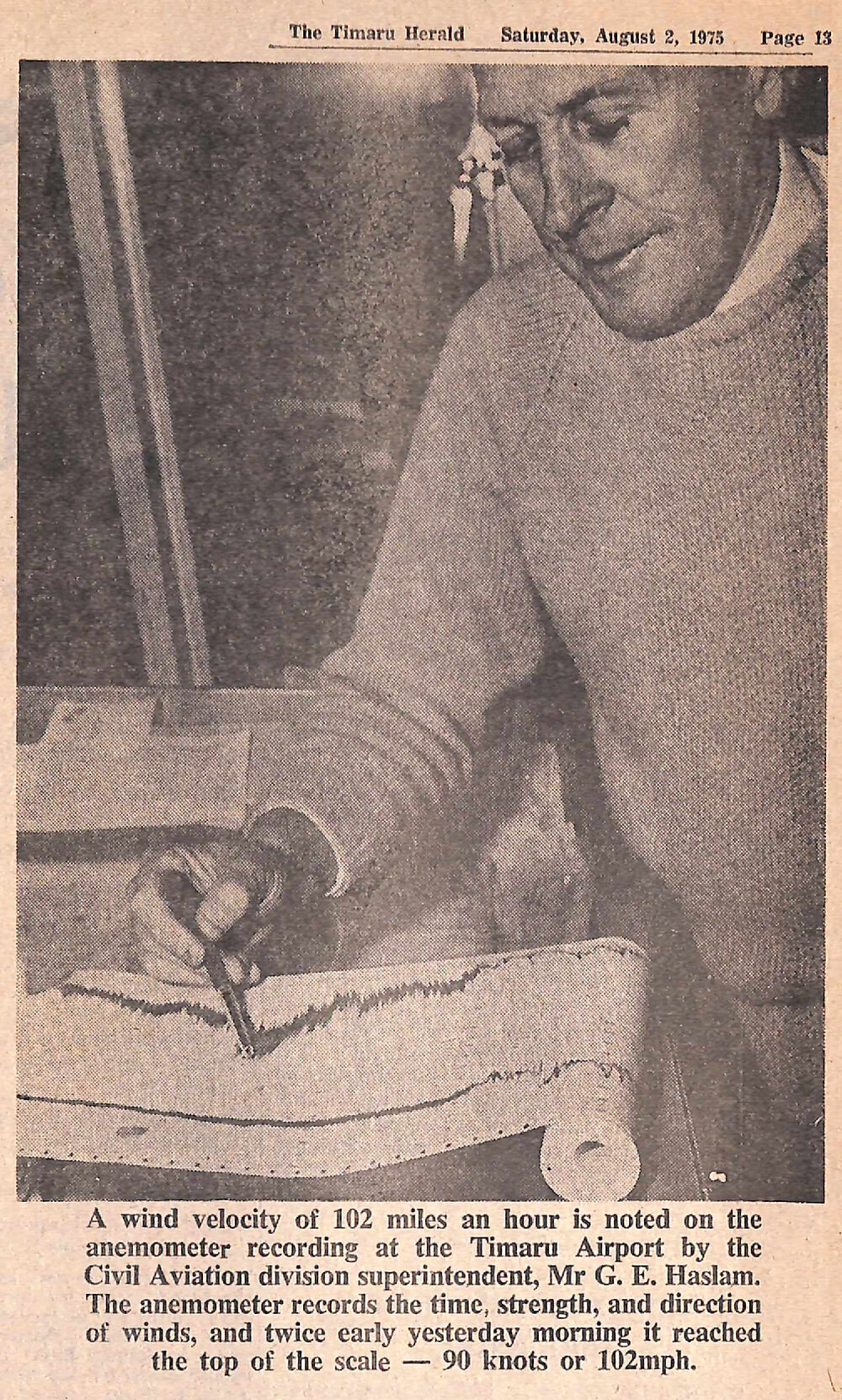 G S Haslam reads anemometer at Timaru Airport