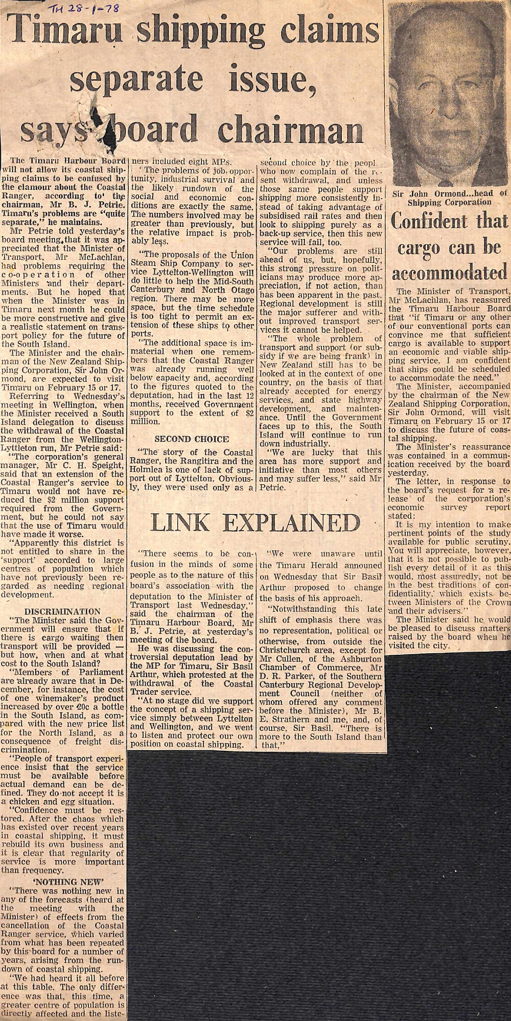 Timaru shipping claims separate issue, says board chairman / Link explained / Confident that cargo can be accommodated