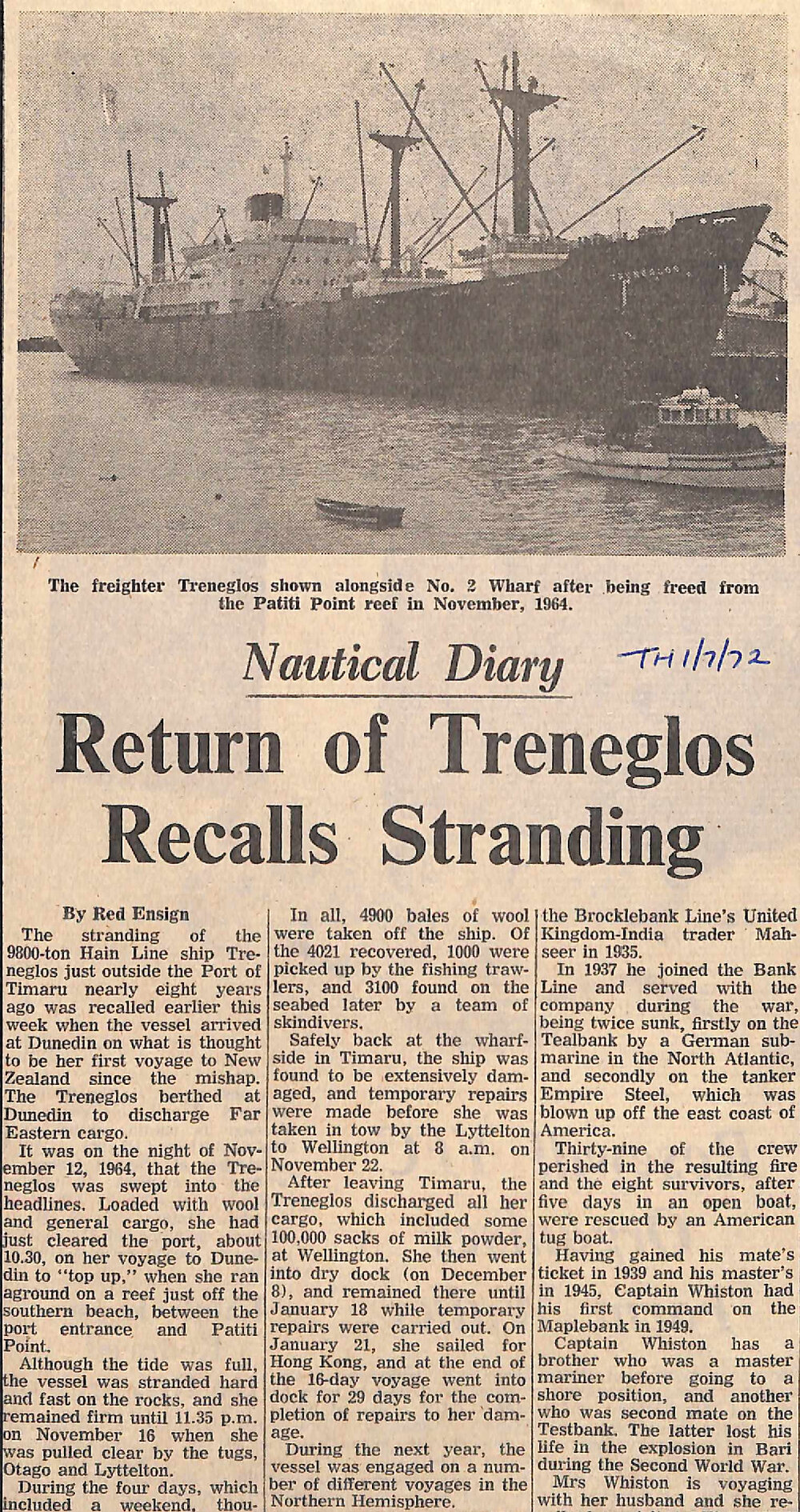 Nautical Diary: Return of Treneglos Recalls Stranding