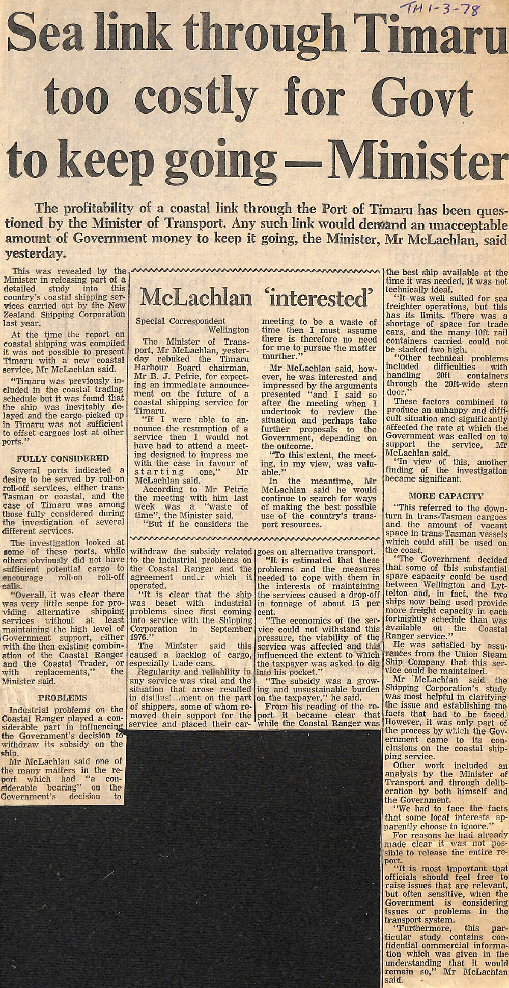 Sea link through Timaru too costly for Govt to keep going - Minister