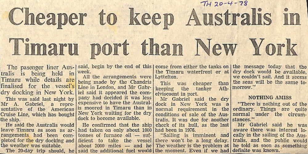 Cheaper to keep Australis in Timaru port than New York