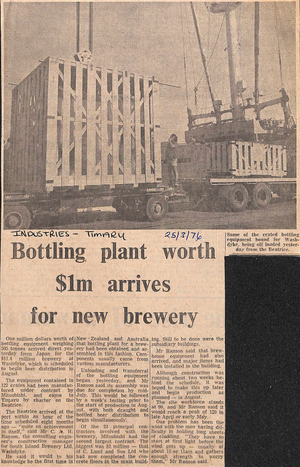 Bottling plant worth $1m arrives for new brewery