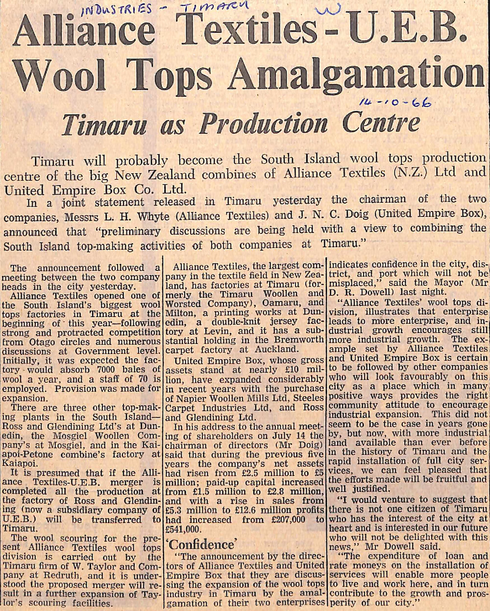 Alliance Textiles - U.E.B. Wool Tops Amalgamation, Timaru as Production Centre