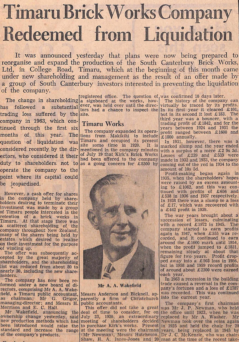 Timaru Brick Works Company Redeemed from Liquidation