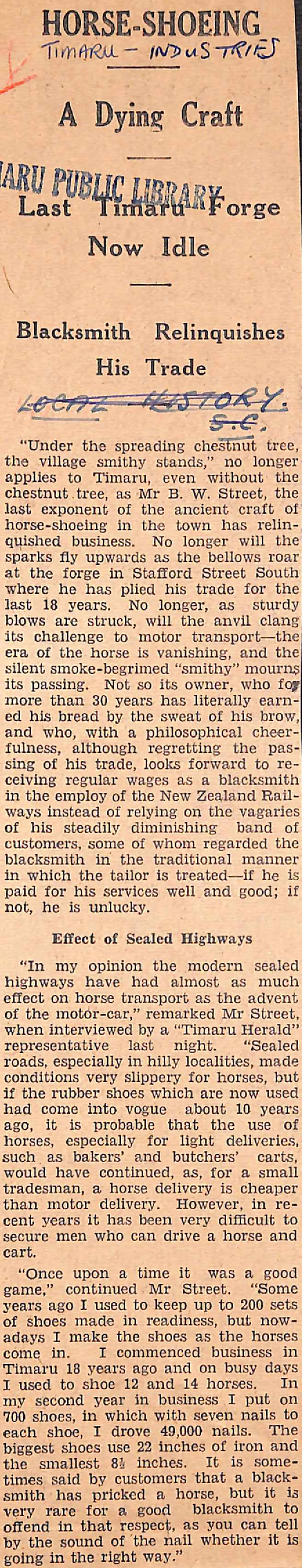 Horse-Shoeing: A Dying Craft, Last Timaru Forge Now Idle, Blacksmith Relinquishes His Trade