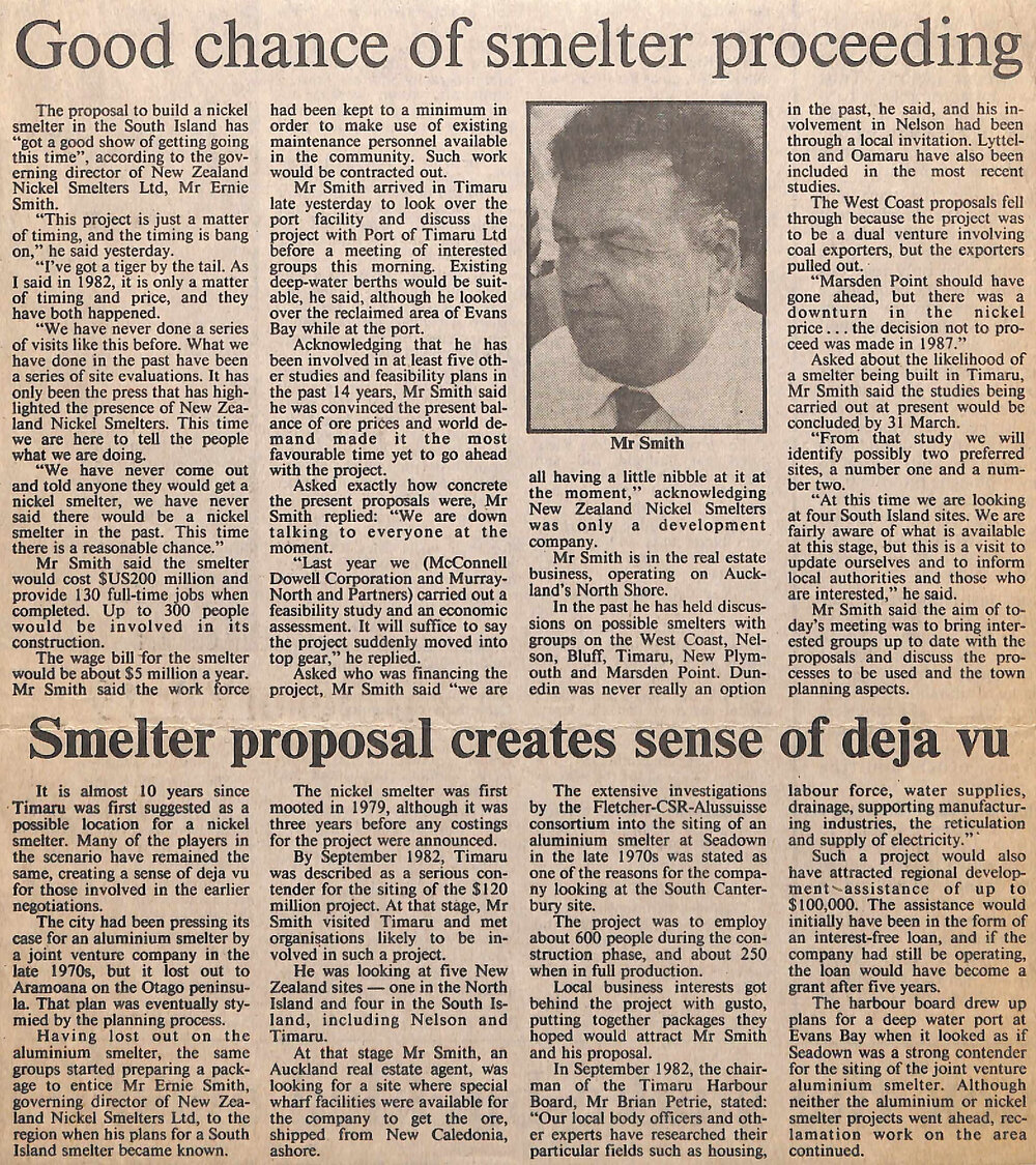 Good chance of smelter proceeding / Smelter proposal creates sense of d&eacute;j&agrave; vu