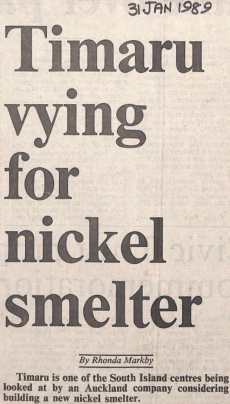 Timaru vying for nickel smelter / Company's chief rejects criticism