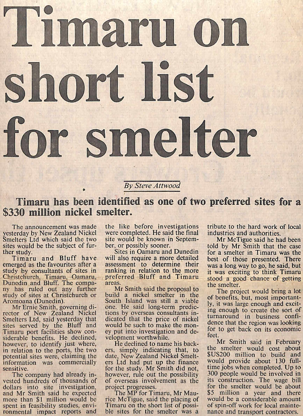 Timaru on short list for smelter