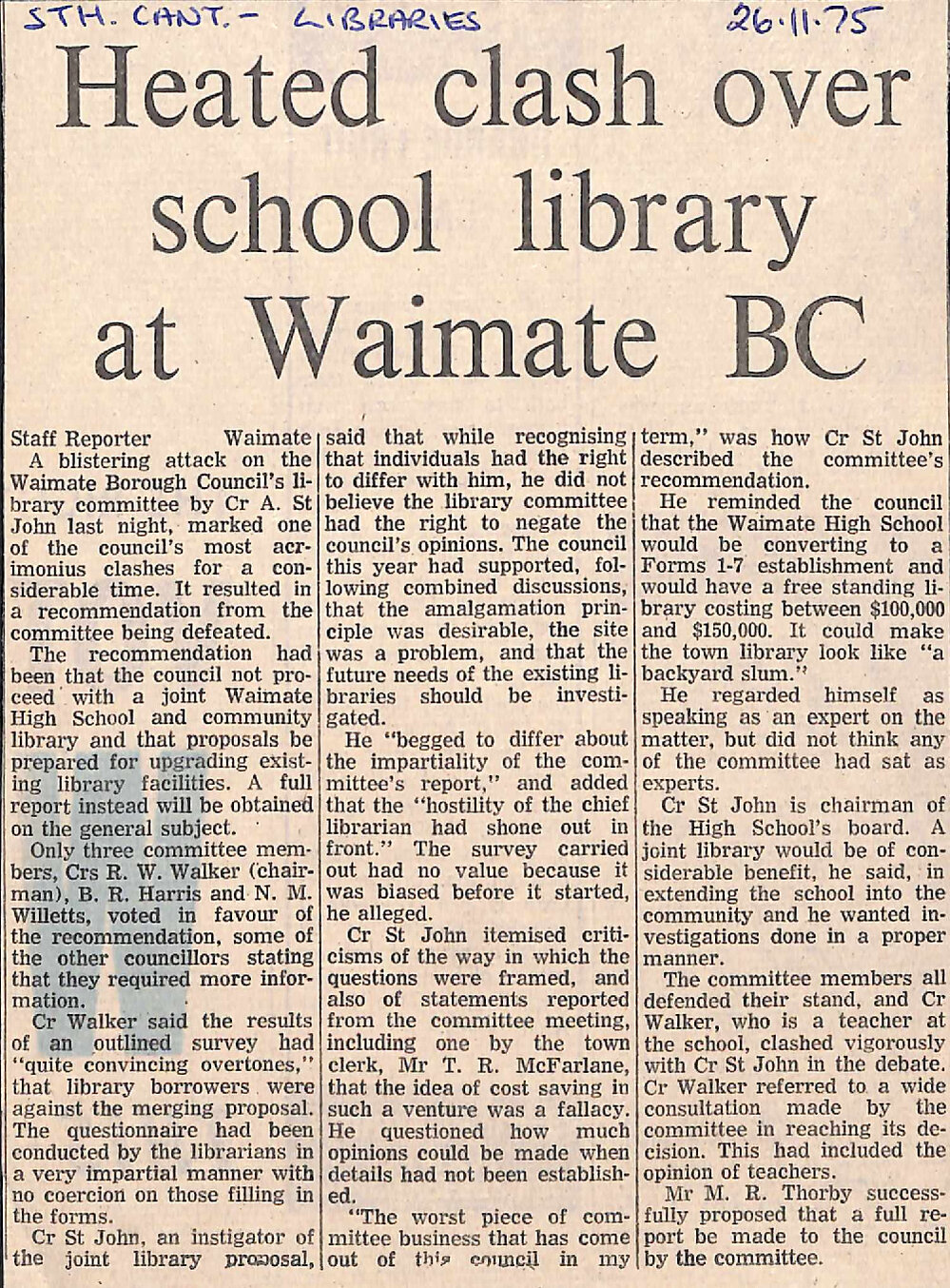 Heated clash over school library at Waimate BC