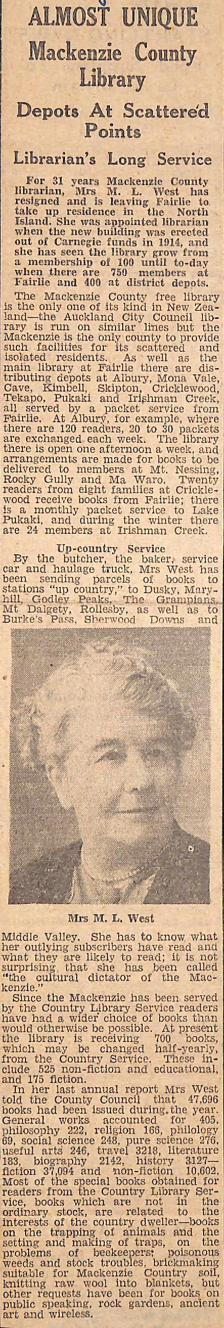 Almost Unique: Mackenzie County Library, Depots At Scattered Points, Librarian's Long Service