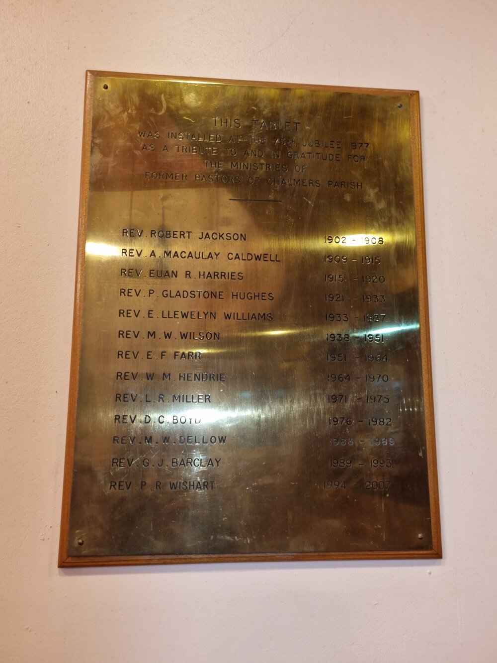 Chalmers Church ministers memorial plaque