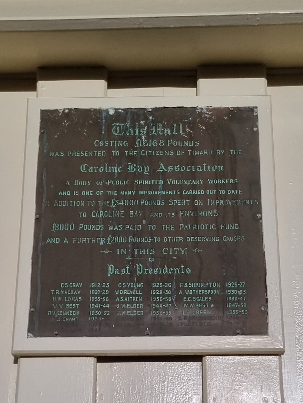 Caroline Bay Hall plaque