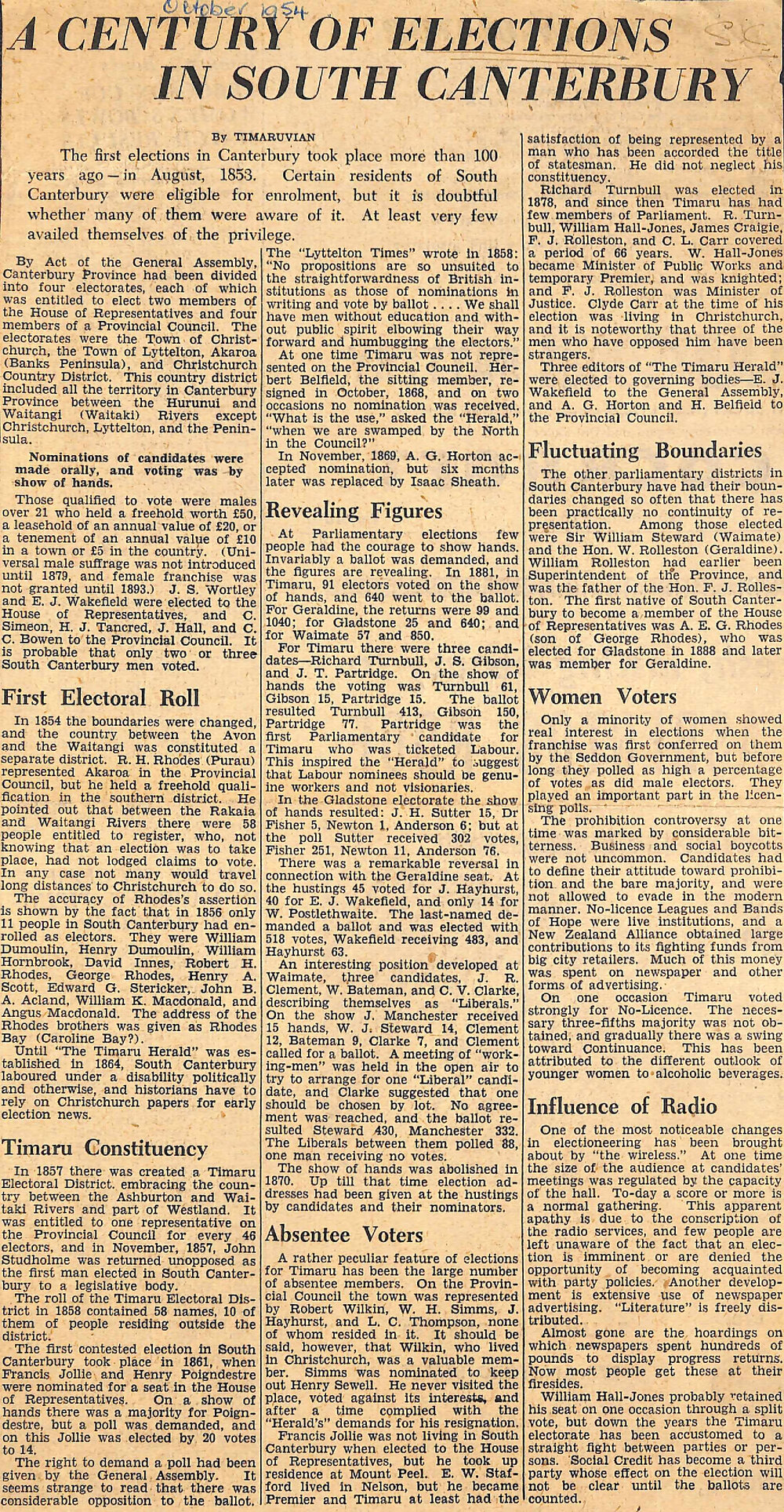 A Century Of Elections In South Canterbury