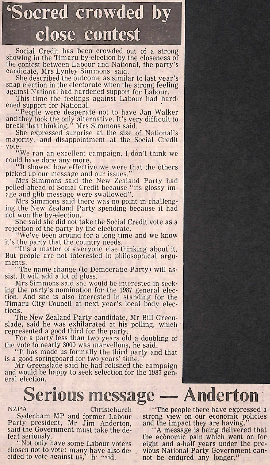  'Socred crowded by close contest / Serious message - Anderton