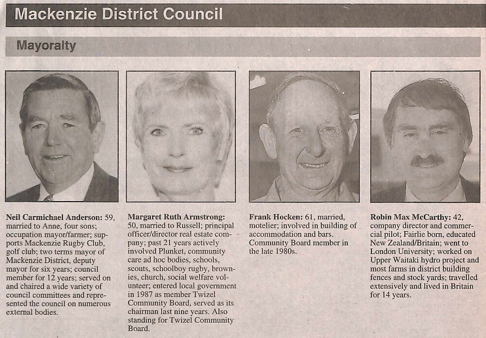 Mackenzie District Council candidates 1998 local authority elections