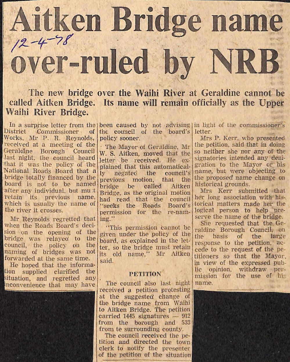 Aitken Bridge name over-ruled by NRB