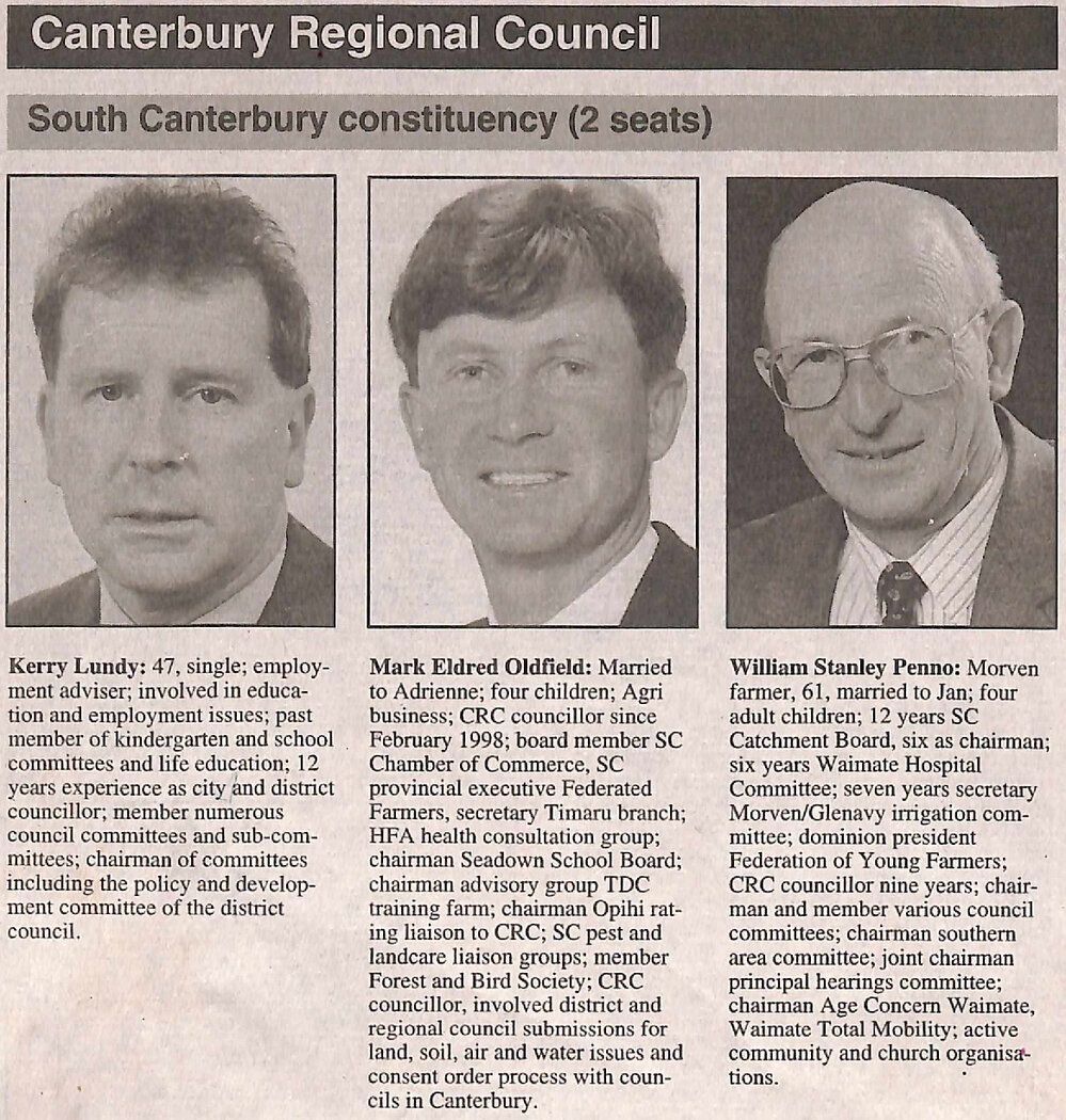 Canterbury Regional Council South Canterbury constituency candidates 1998 local authority elections