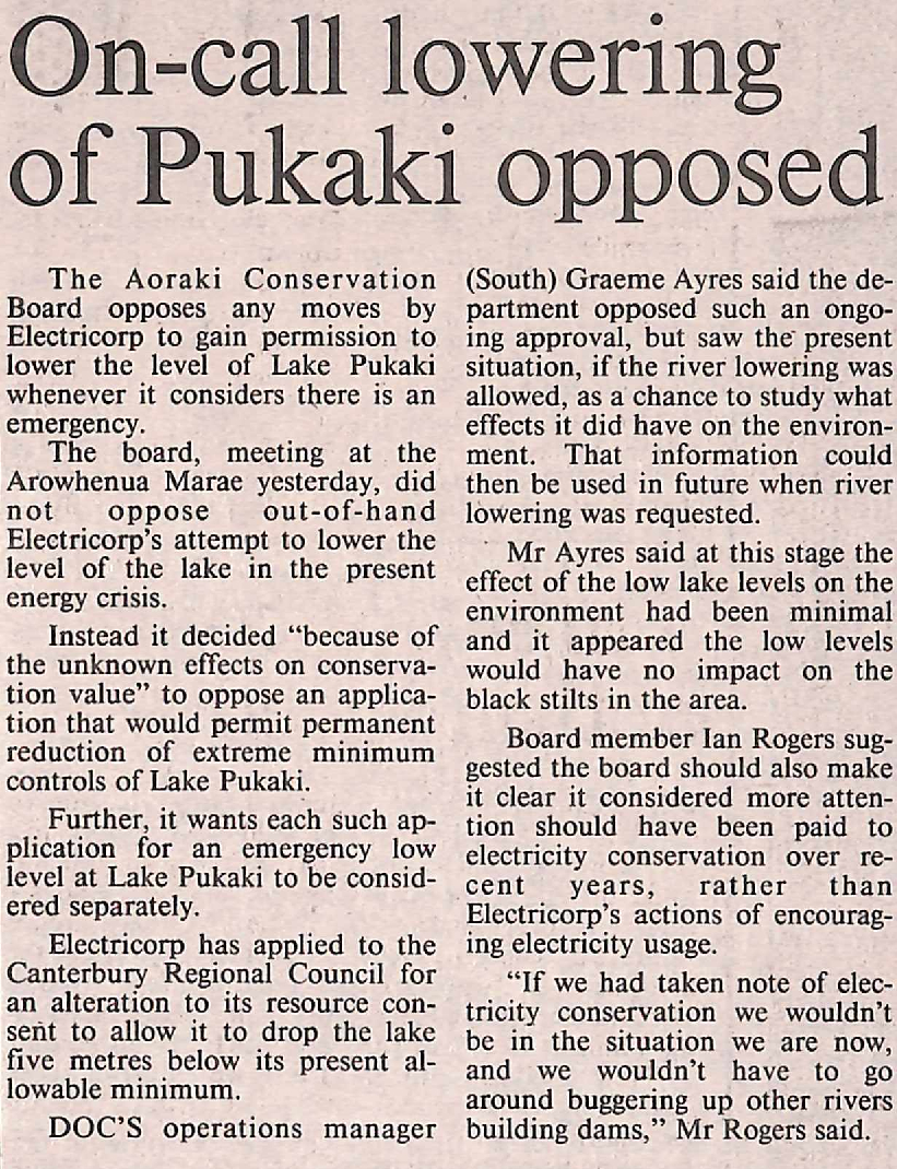 On-call lowering of Pukaki opposed
