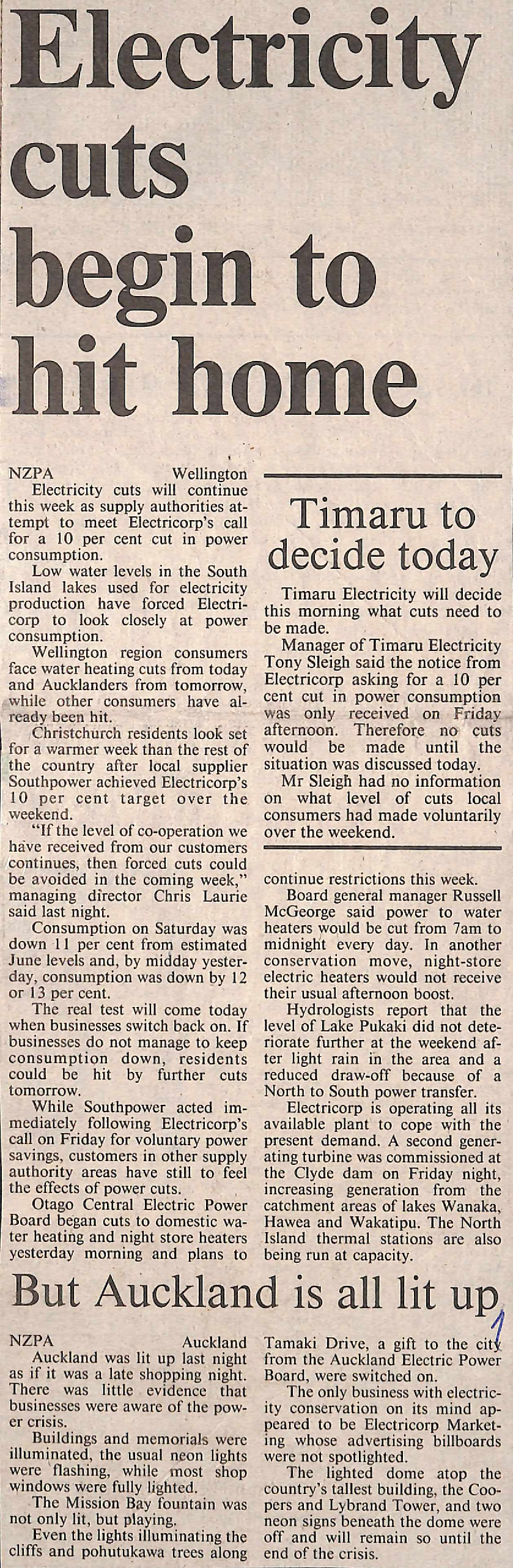 Electricity cuts begin to hit home / Timaru to decide today / But Auckland is all lit up