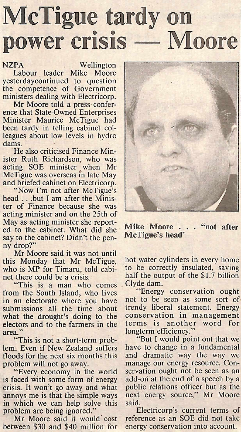 McTigue tardy on power crisis - Moore