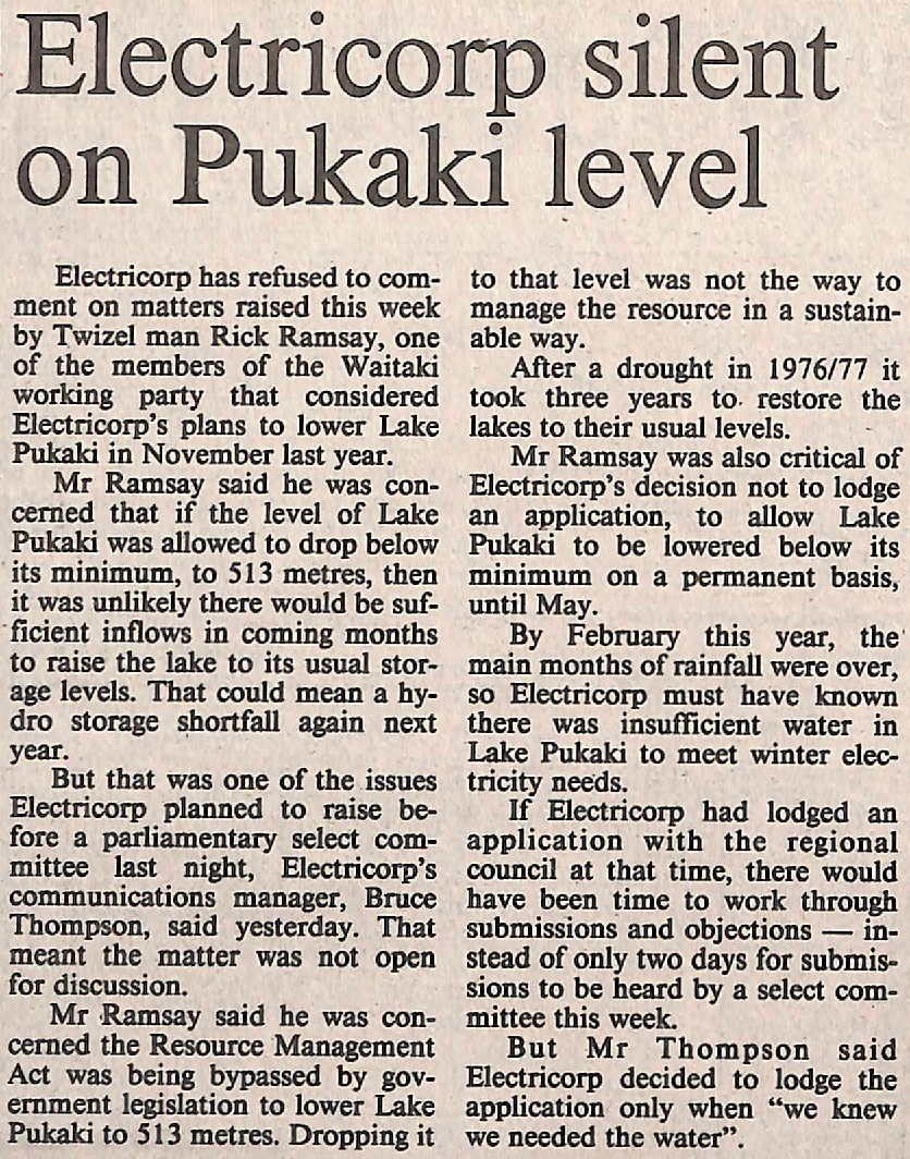 Electricorp silent on Pukaki level