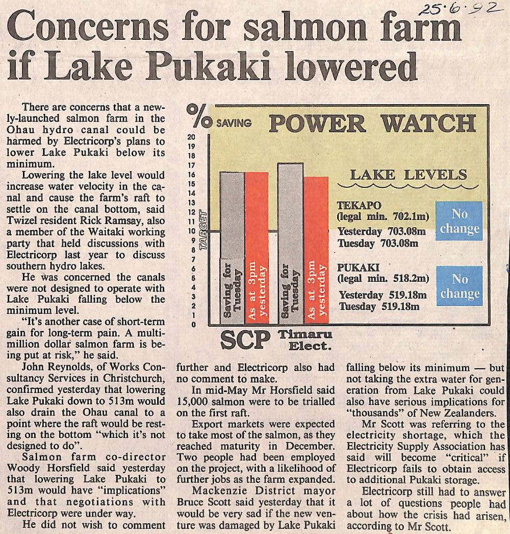 Concerns for salmon farm if Lake Pukaki lowered