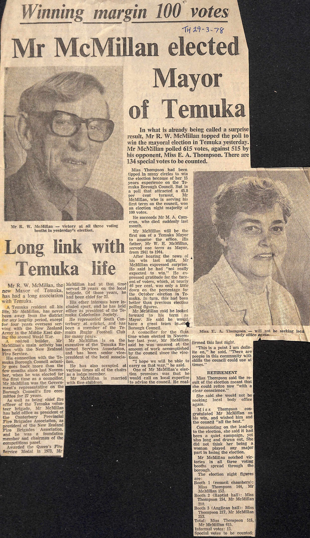 Winning margin 100 votes: Mr McMillan elected Mayor of Temuka