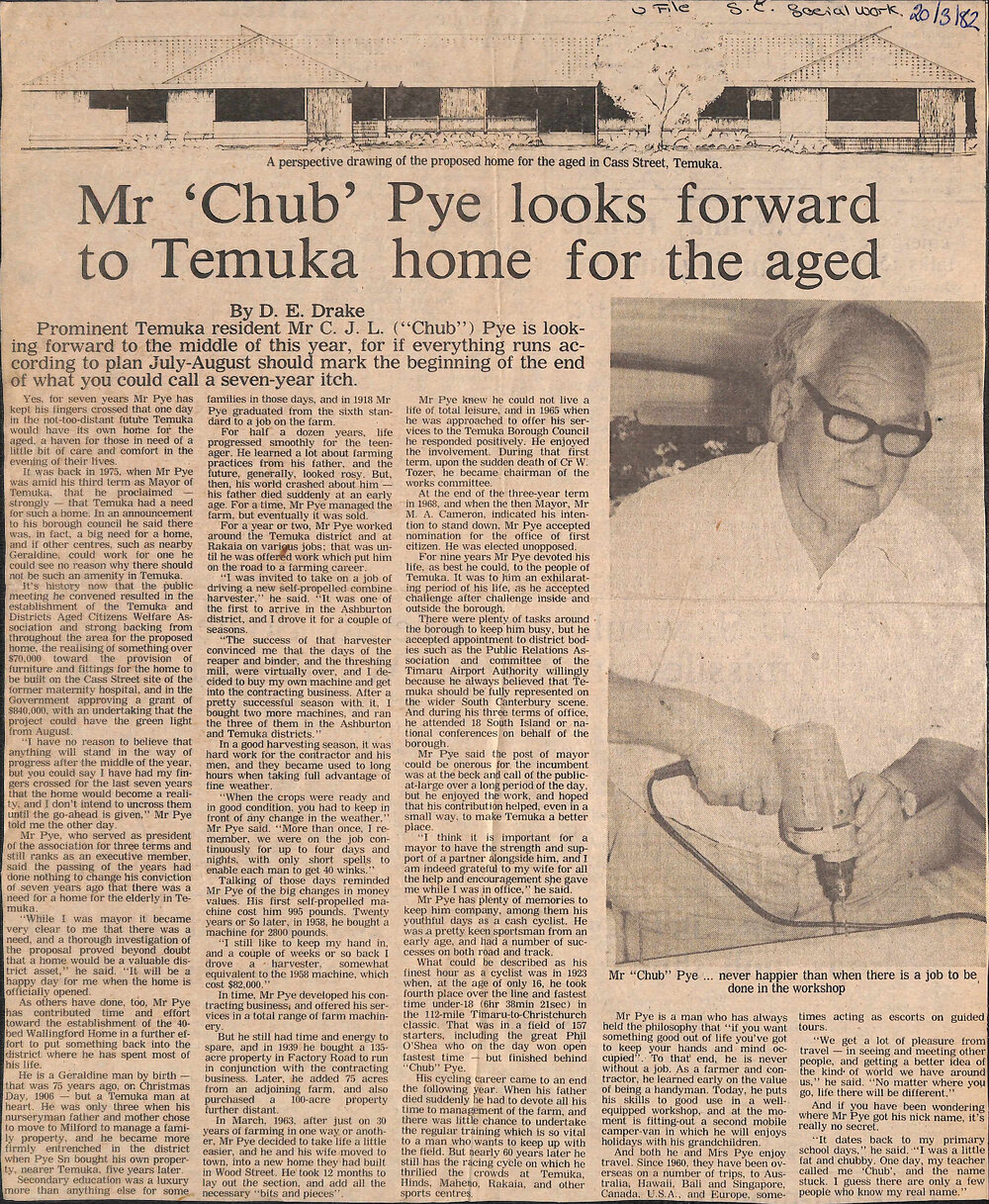 Mr 'Chub' Pye looks forward to Temuka home for the aged