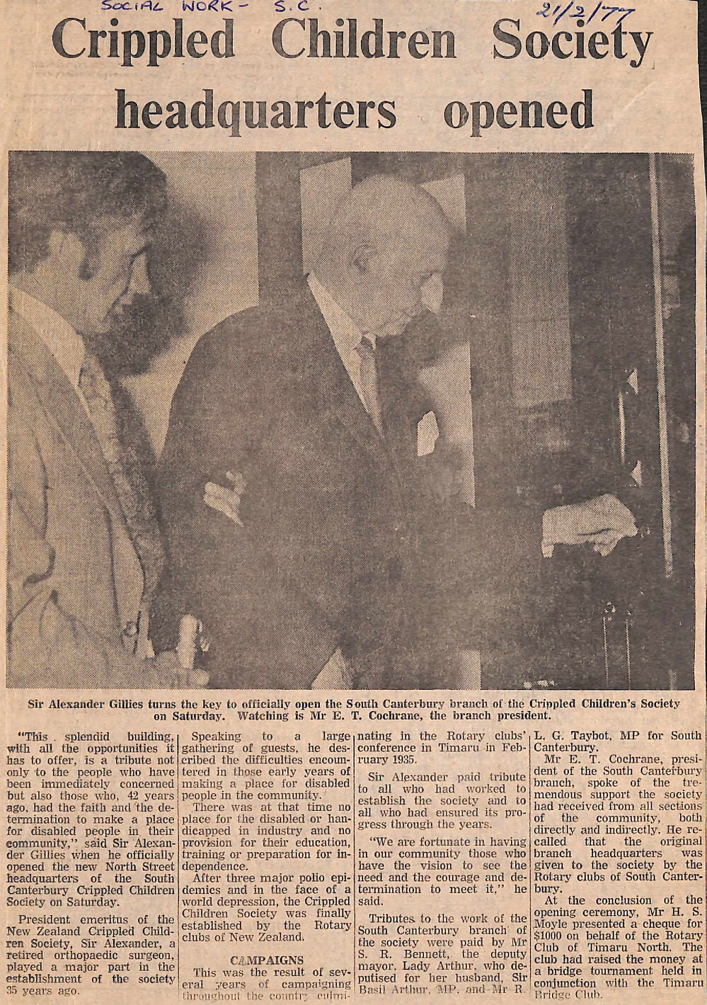 Crippled Children Society headquarters opened