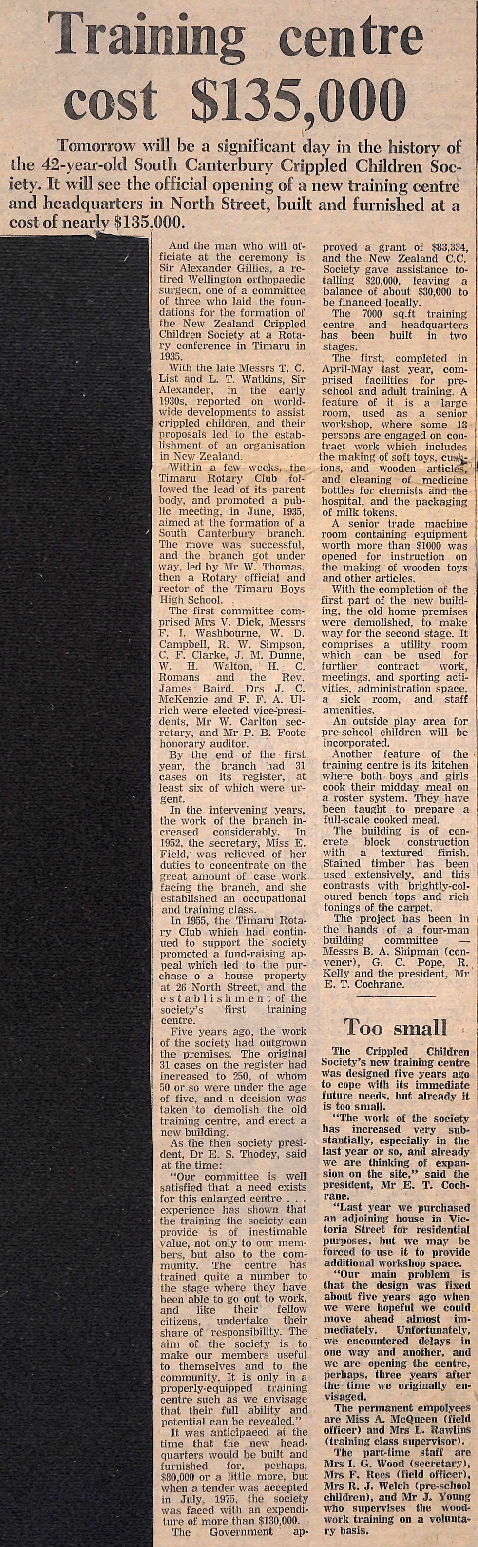 Training centre cost $135,000