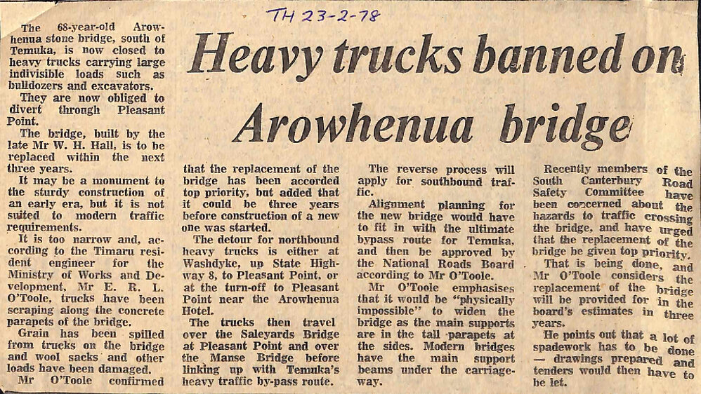 Heavy trucks banned on Arowhenua bridge