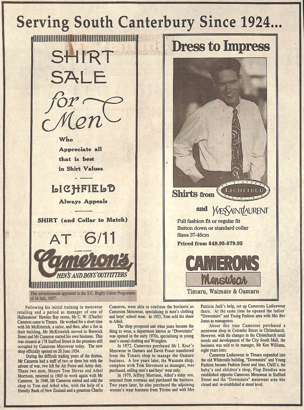 Camerons Menswear advertising promotion