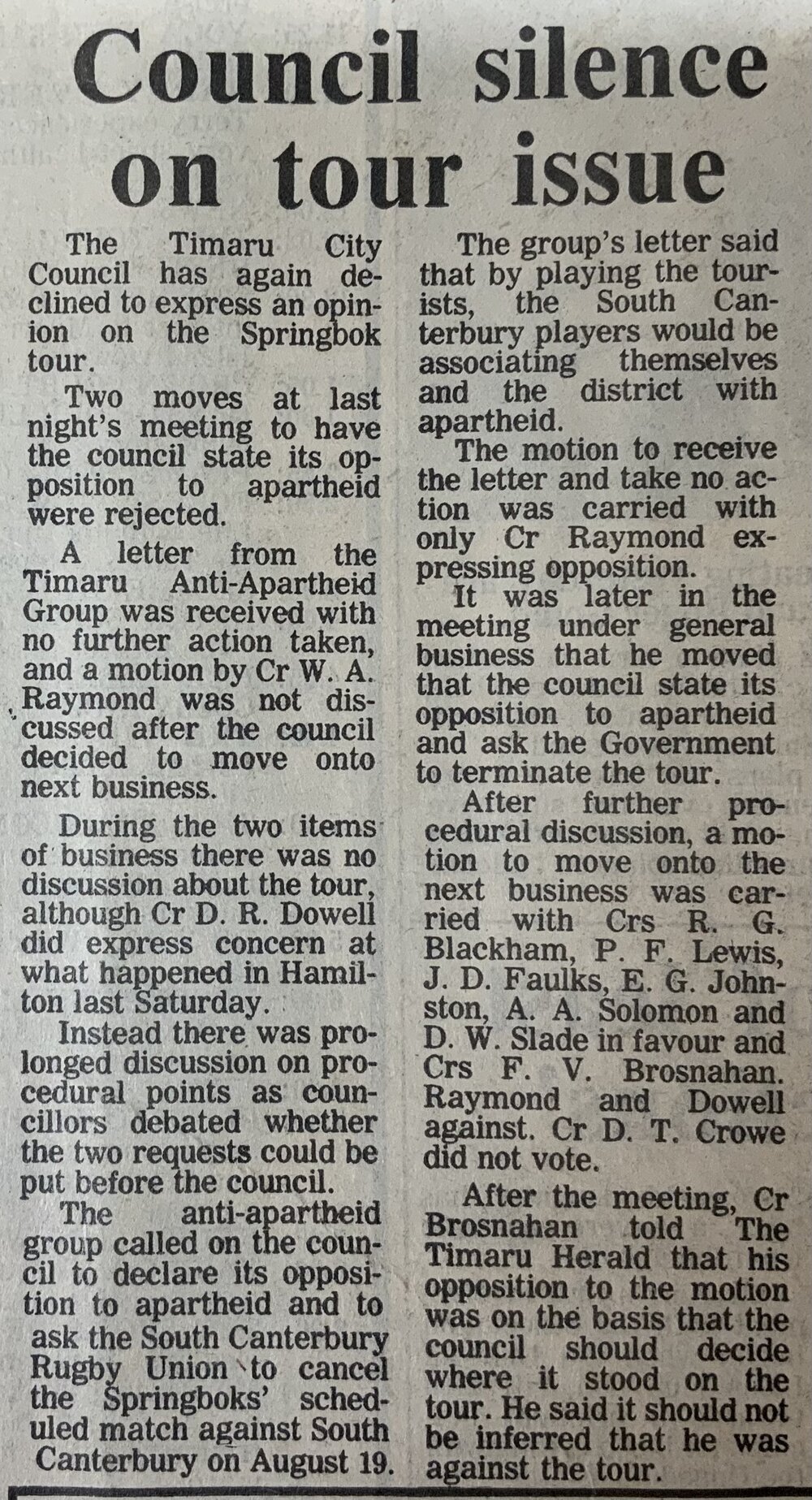 Council silence on tour issue